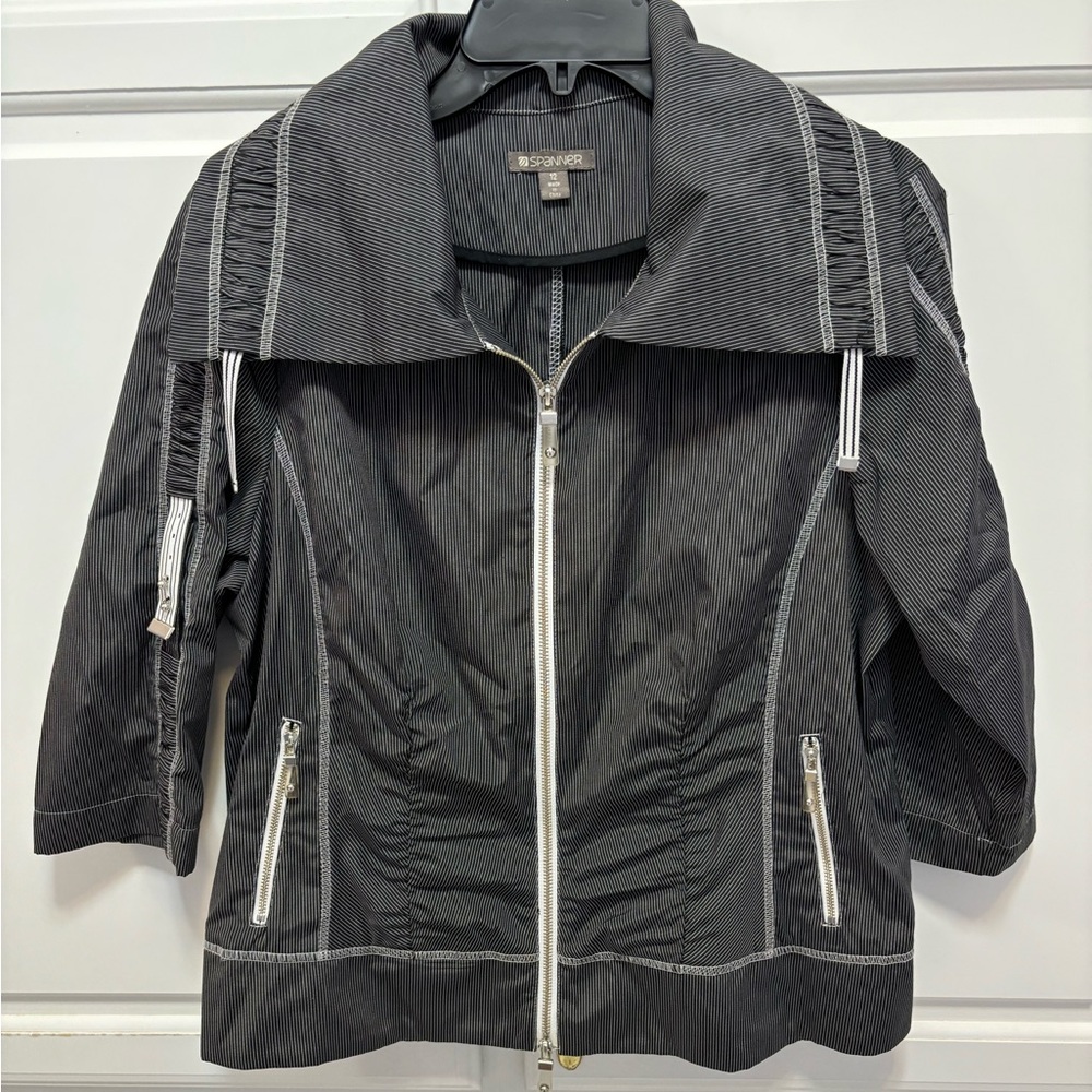 Spanner Black White Striped Lightweight 3/4 Sleeve Zip Up Jacket Women Size 12